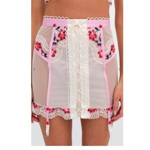 For Love And Lemons Pink Floral Embroidered Mini Skirt - Size S - NWT